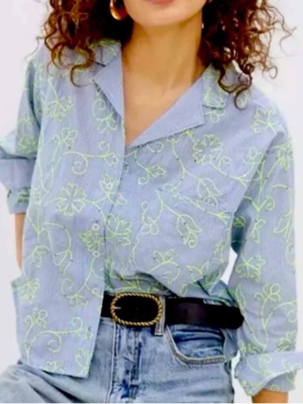 MAEVE NWT Clarissa High Low Blue White Green Embroidered Button Down Shirt